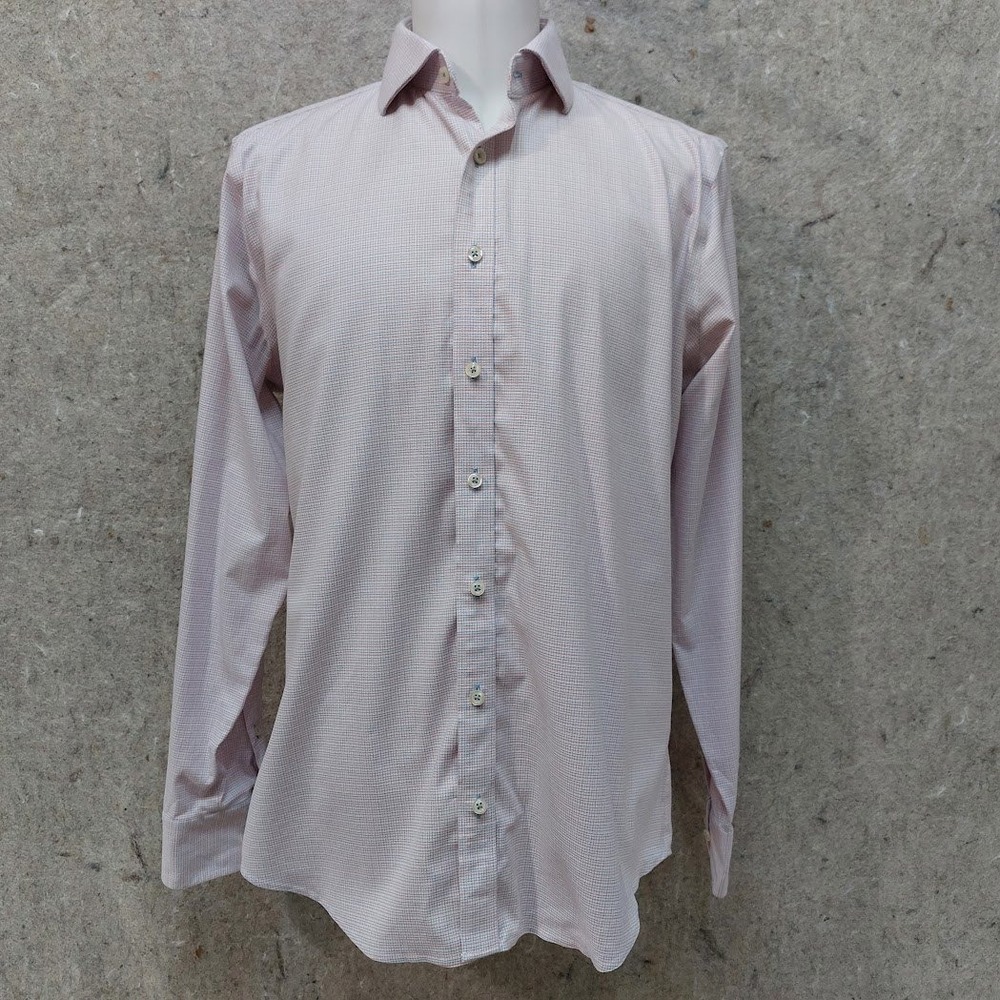 Twillory Dress Shirt Men's 16 34/35 Pink Blue Micro Check Trim Fit Safe Cotton